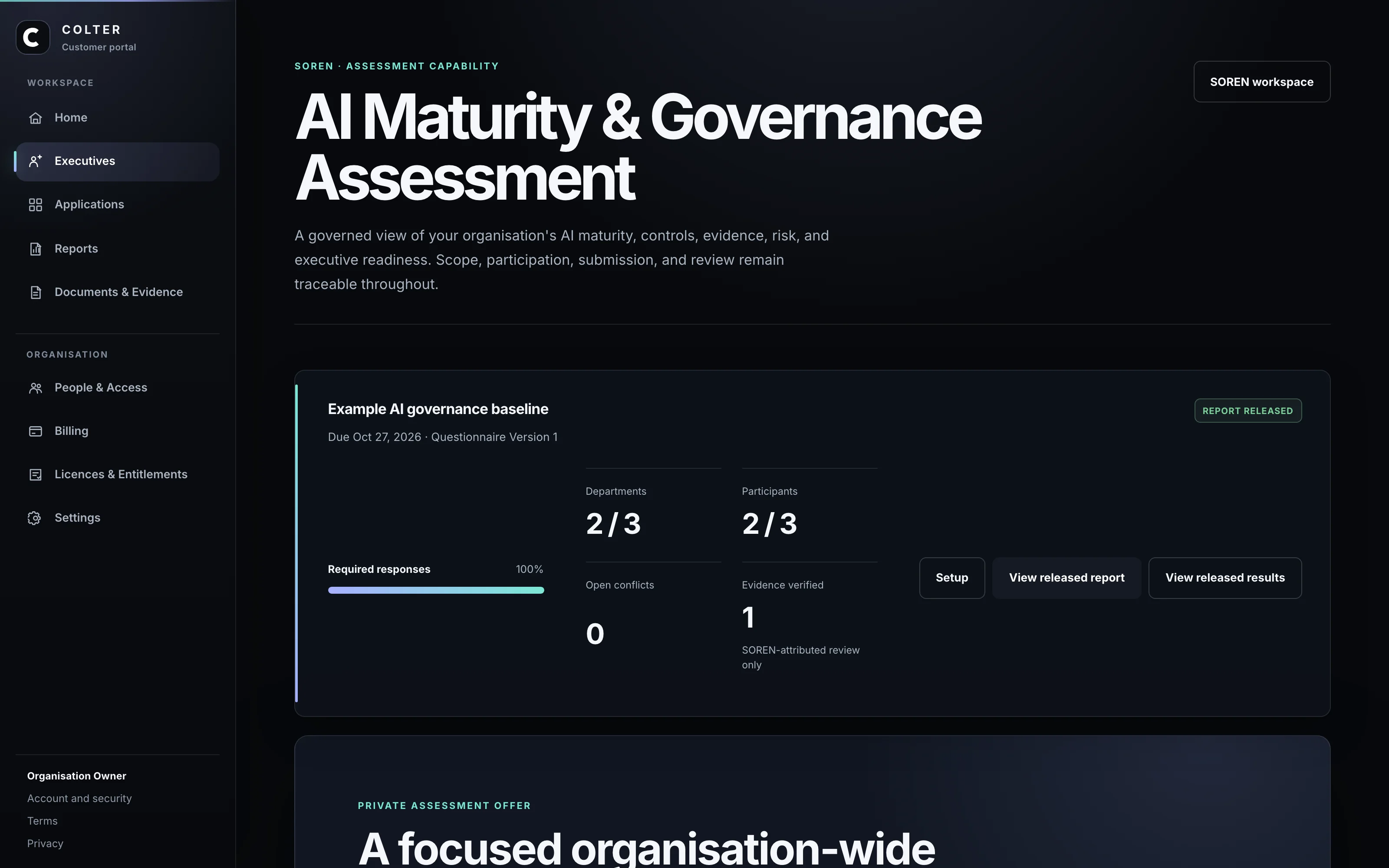 Complete dark SOREN assessment-capability screen in the COLTER customer portal, one example of an executive capability